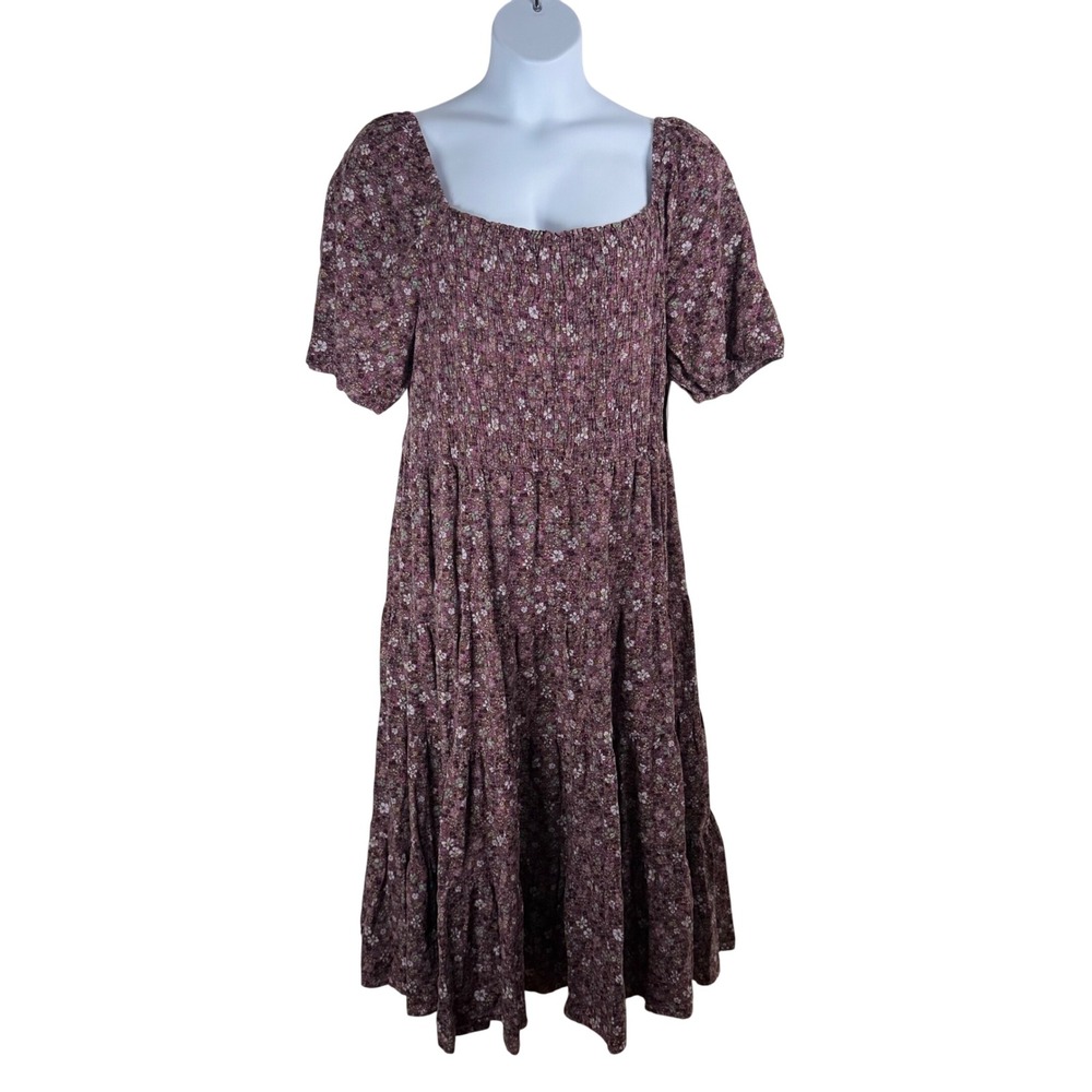New Sonoma XXL Plum Floral Smocked Tiered Midi Dress Prairie Cottage Milkmaid